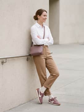 Tailored tan ankle-length trousers, a crisp white button-down shirt tucked in, and a matching mauve crossbody bag to coordinate with the shoe's primary tone.