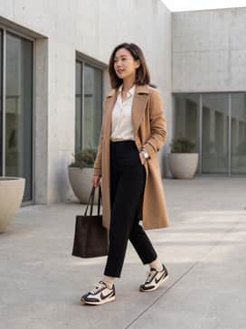 High-waisted black trousers paired with a tucked-in cream silk blouse and a structured camel trench coat for a sophisticated office-ready look.