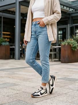 Pacific Leather – Straight-leg light-wash denim jeans styled with a basic white cropped tank top and an oversized beige linen shirt worn open as a light layer.