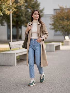 High-waisted straight-leg light wash jeans paired with a tucked-in cream ribbed turtleneck and a structured beige trench coat.