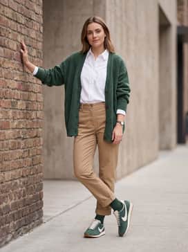 Tapered tan chinos with a crisp white button-down shirt and an oversized forest green cardigan to complement the shoe color.