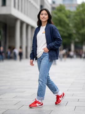 High-waisted straight-leg blue jeans paired with a tucked-in white graphic tee and a cropped navy bomber jacket for a classic retro vibe.