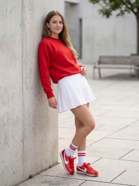 A white pleated tennis skirt combined with a red collegiate-style crewneck sweatshirt and white crew socks to lean into the athletic aesthetic.
