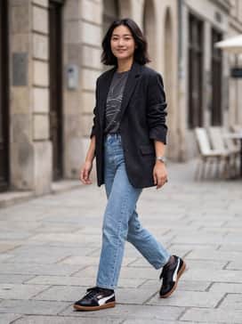 High-waisted light wash straight-leg jeans paired with a tucked-in vintage graphic tee and an oversized charcoal blazer for a balanced masculine-feminine aesthetic.