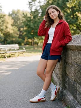 A sporty heritage outfit with a red zip-up track jacket, a simple white ribbed tank top, and navy blue athletic shorts for a coordinated weekend vibe.