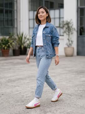 High-waisted light-wash mom jeans paired with a cropped white graphic tee and an oversized denim jacket for a nostalgic 90s street look.
