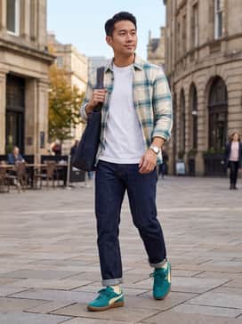 Raw indigo slim-fit denim paired with a crisp white heavyweight t-shirt and an unbuttoned cream flannel shirt to highlight the side stripes.