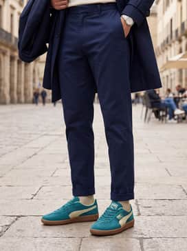 Navy blue chino trousers with a tucked-in light blue oxford shirt and a beige trench coat for a sophisticated, smart-casual aesthetic.