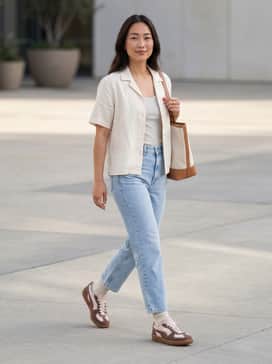 Palermo Wine Club Womens Sneakers – High-waisted, light-wash straight-leg jeans paired with a tucked-in oversized graphic tee and an unbuttoned cream linen shirt.