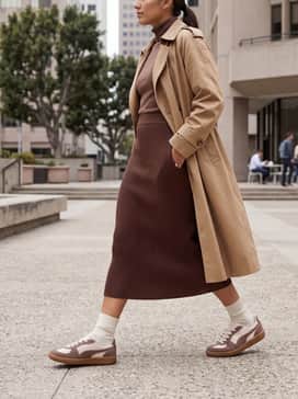 Palermo Wine Club Womens Sneakers – A chocolate brown ribbed knit midi dress with a tan trench coat for a sophisticated, monochromatic tonal look.