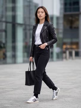 Pair these silver sneakers with high-waisted, straight-leg black denim, a tucked-in oversized white graphic tee, and a cropped black leather biker jacket for an edgy urban look.