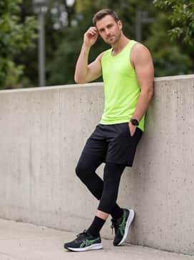 Tapered black athletic shorts worn with a breathable lime green performance tank top and black compression sleeves for an intensive training session.