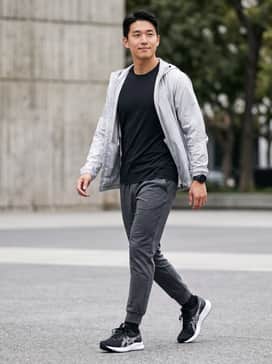 A sleek athleisure ensemble featuring charcoal grey tapered joggers, a black moisture-wicking performance tee, and a lightweight silver windbreaker for a modern gym-ready look.