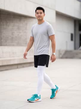 Pegasus 41 – A high-performance look featuring black 7-inch running shorts, a light gray moisture-wicking tech tee, and white compression socks to emphasize the vibrant teal upper.