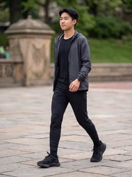 A full athletic performance look featuring black high-waisted compression leggings, a charcoal grey racerback tank, and a lightweight technical windbreaker.