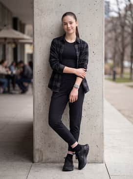 A versatile athleisure outfit pairing slim-fit dark denim with a crisp white t-shirt and an unbuttoned flannel shirt for a transition from errands to the gym.