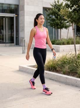 A sleek pair of high-waisted black compression leggings paired with a moisture-wicking racerback tank top in a matching shade of vibrant pink for a coordinated high-performance look.