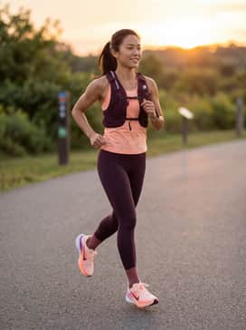 A high-performance ensemble consisting of dark plum compression leggings, a peach-colored racerback tank, and a sleek hydration vest for long-distance road runs.