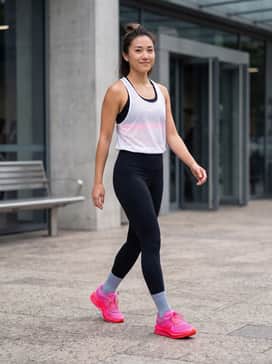 Pegasus Premium – Pair with high-waisted black compression leggings and a matching black racerback sports bra, layered under a sheer white mesh tank top to let the bold pink of the shoes pop.