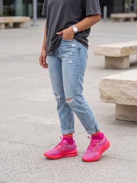 Pegasus Premium – Style these sneakers with light-wash distressed mom jeans and a tucked-in oversized vintage band tee in a neutral grey to balance the footwear's high-energy color palette.