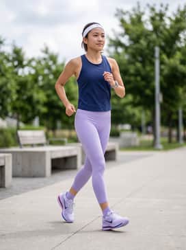 Pegasus Premium – High-performance lavender compression leggings paired with a navy blue perforated racerback tank and a sleek white headband.