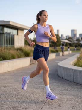 Three-inch navy blue split running shorts paired with a ventilated lavender crop top and reflective armbands for visibility.