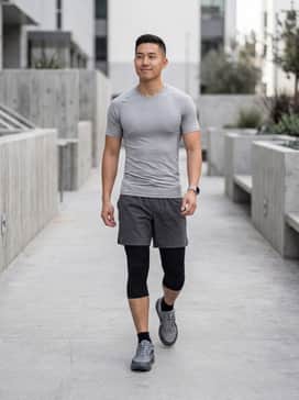 A performance-focused look featuring charcoal-colored 5-inch running shorts, a moisture-wicking light grey compression tee, and black low-cut performance socks.