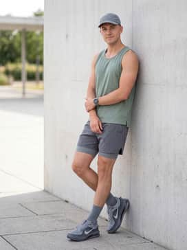 A summer active ensemble pairing a white breathable mesh tank top with sage green lightweight running shorts and a matching grey performance cap.