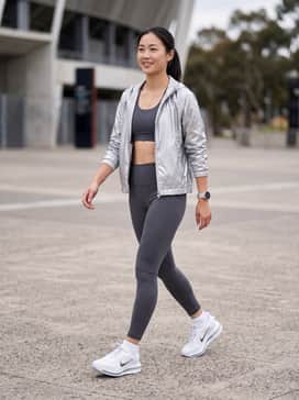 Pegasus Premium – A set of charcoal grey compression leggings paired with a matching high-impact sports bra and a lightweight silver windbreaker to mirror the metallic accents of the shoe.