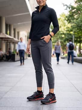 Pegasus Premium – Tapered charcoal grey tech joggers combined with a fitted black quarter-zip pullover and a minimalist black fitness tracker.