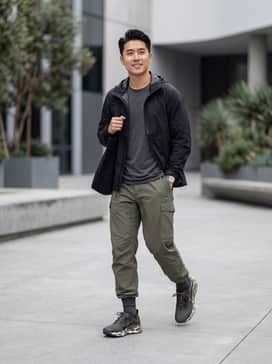 Pegasus Trail 5 Goretex – A pair of olive green technical cargo pants tucked into performance crew socks, paired with a black moisture-wicking base layer and a charcoal grey lightweight shell jacket for a functional gorpcore aesthetic.