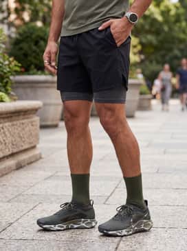 Pegasus Trail 5 Goretex – Black 5-inch inseam running shorts worn over charcoal compression tights, matched with a high-visibility orange performance tank top and a matching running cap for a focused trail-ready look.