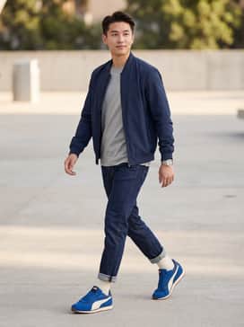 Pair with dark-wash slim-fit denim, a neutral-toned crewneck t-shirt, and a navy bomber jacket for a classic, cohesive streetwear look.
