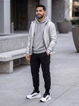 Modern techwear aesthetic: Combine with tapered black cargo joggers, a grey oversized hoodie, and a lightweight silver metallic windbreaker.