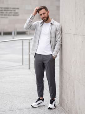 Pounce Lite Mens Shoes – Elevated weekend casual: Style with slim-fit dark wash athletic denim, a crisp white crew-neck t-shirt, and an unbuttoned navy flannel shirt.
