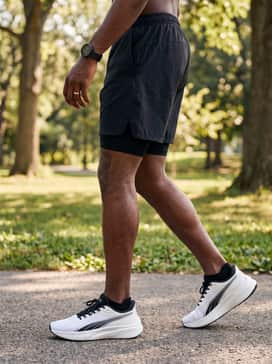 Pounce Lite Mens Shoes – Summer workout kit: Match with teal breathable mesh training shorts, a black racerback tank top, and white no-show performance socks.