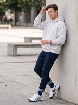 Slim-fit dark denim jeans cuffed at the ankle with a white oversized hoodie for a clean, modern streetwear look that lets the technical silhouette shine.