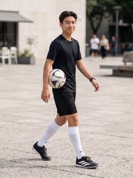 Predator Club Sala Indoor Soccer Shoes – A sleek black performance jersey paired with matching breathable athletic shorts and white knee-high soccer socks.