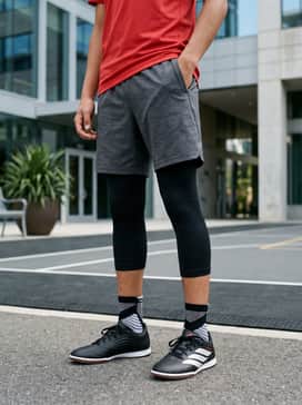 Predator Club Sala Indoor Soccer Shoes – Black compression leggings under charcoal grey training shorts, topped with a moisture-wicking red tech-fabric t-shirt.