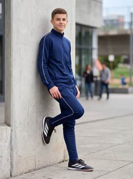 Predator Club Sala Indoor Soccer Shoes – A full navy blue tapered tracksuit with white side-piping for a professional and coordinated pre-match warm-up look.