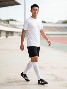 A full performance match kit featuring a coordinated team jersey, moisture-wicking shorts, and high-tension knee socks in a crisp white to match the stripes.