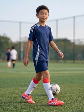Predator League Firmmultiground Cleats Kids – Match Performance Kit: A technical navy blue soccer jersey with silver-toned accents, paired with coordinating navy athletic shorts and over-the-calf white performance socks that emphasize the shoe's white stripes.