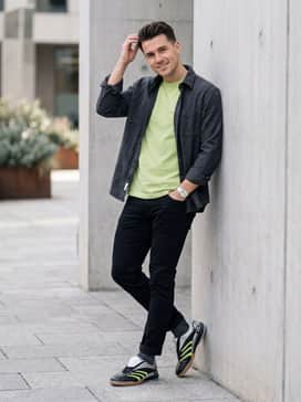 Casual City Weekend: Wear these with slim-fit black denim, a tucked-in lime green graphic tee, and an open charcoal grey overshirt for a balanced pop of color.
