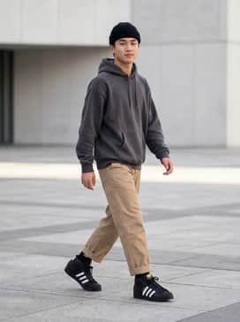 Pro Model Adv Shoes – A skate-ready look featuring loose-fit tan work pants cuffed at the ankle, an oversized charcoal hoodie, and a black fisherman beanie.