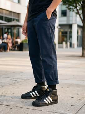 A modern streetwear ensemble consisting of black tapered cargo pants, a crisp white graphic tee, and a light-wash denim jacket.
