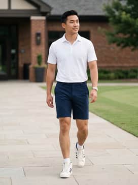 Pro Model Midcut Spikeless Golf Shoes – On-course classic: Navy blue tailored performance shorts paired with a crisp white tech-polo and low-profile white socks to emphasize the mid-cut silhouette.