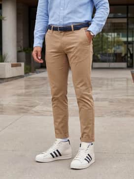 Clubhouse chic: Tan slim-fit chinos with a slight cuff, a tucked-in light blue linen button-down shirt, and a navy braided belt to match the stripes.