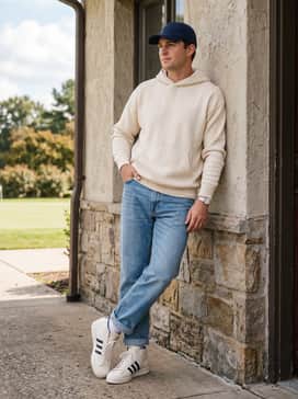 Pro Model Midcut Spikeless Golf Shoes – Streetwear leisure: Light-wash relaxed-fit denim jeans with a rolled hem, an oversized cream-colored hoodie, and a navy baseball cap for a cohesive weekend look.