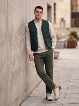 An effortless weekend outfit pairing athletic-cut dark denim jeans with a simple white crewneck sweatshirt and a navy blue puffer vest.