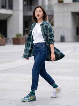 Puma Hoops X Harry Potter Stewie 4 – Wide-leg dark wash jeans paired with a cropped white graphic tee and an unbuttoned oversized emerald green flannel shirt to echo the deeper tones of the left shoe.